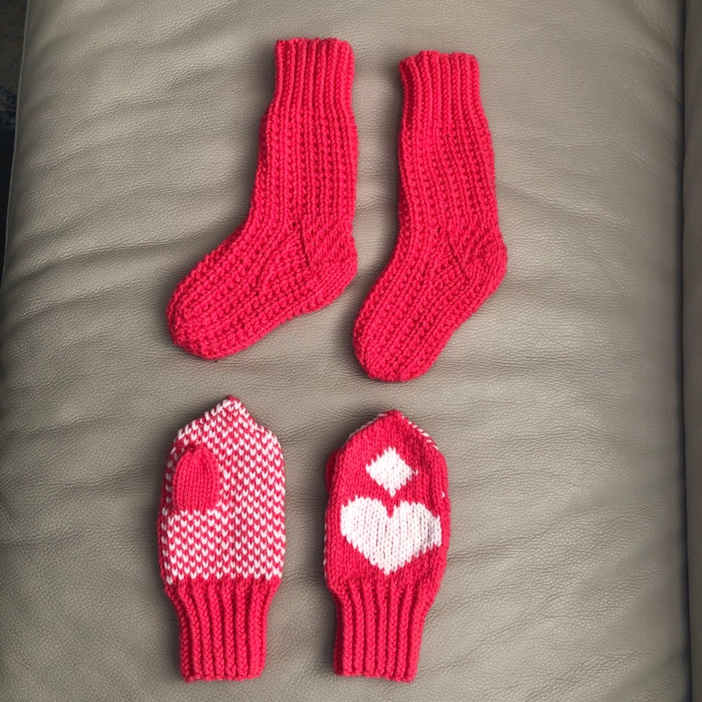 Home knit mittens and socks set